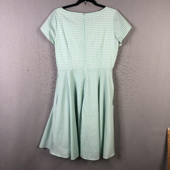 Shabby Apple Dress Womens 12 Green Gingham Fit Flare Short Sleeve Midi Modest - Picture 2 of 7